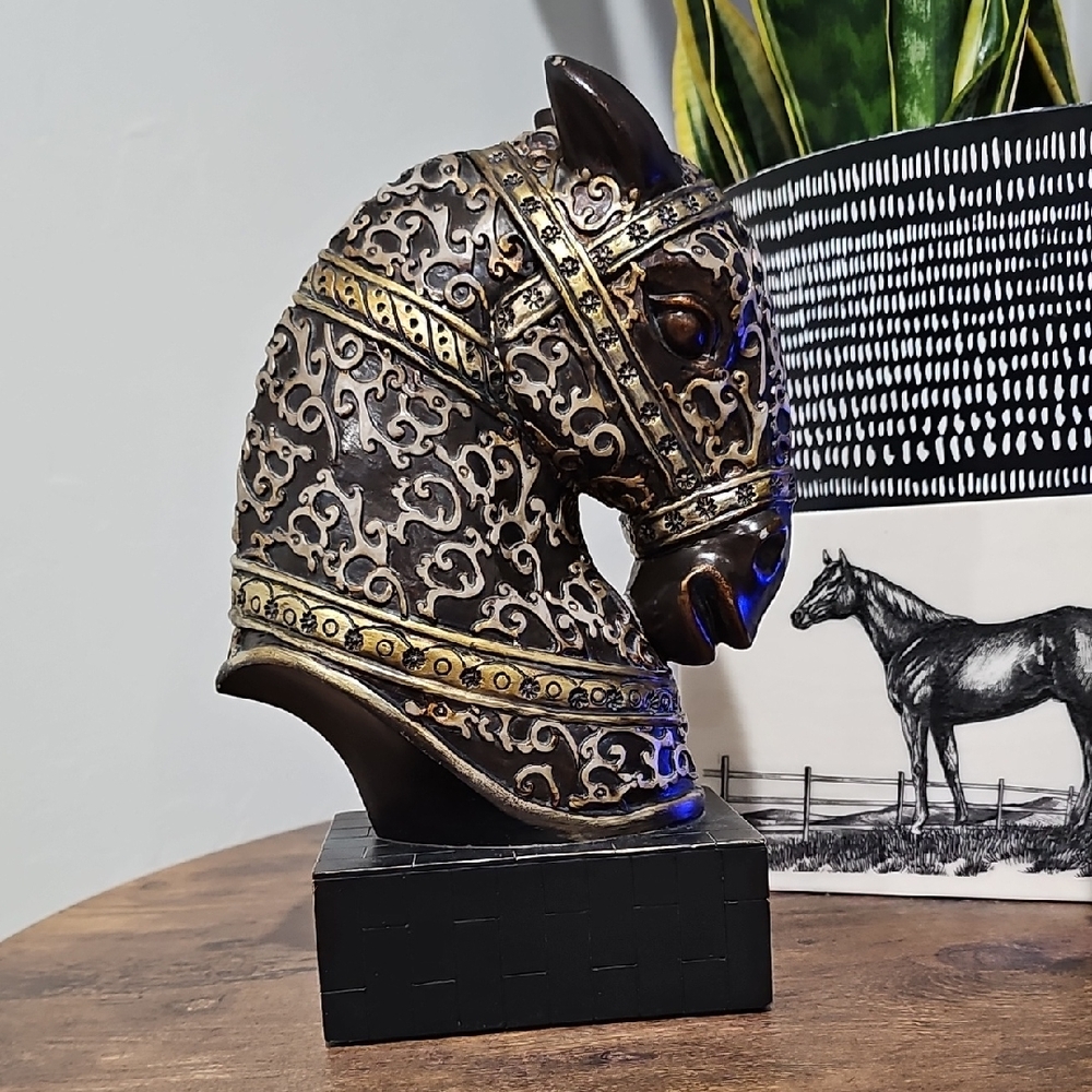 Vintage Warhead Horse Bookends with Gold Accents